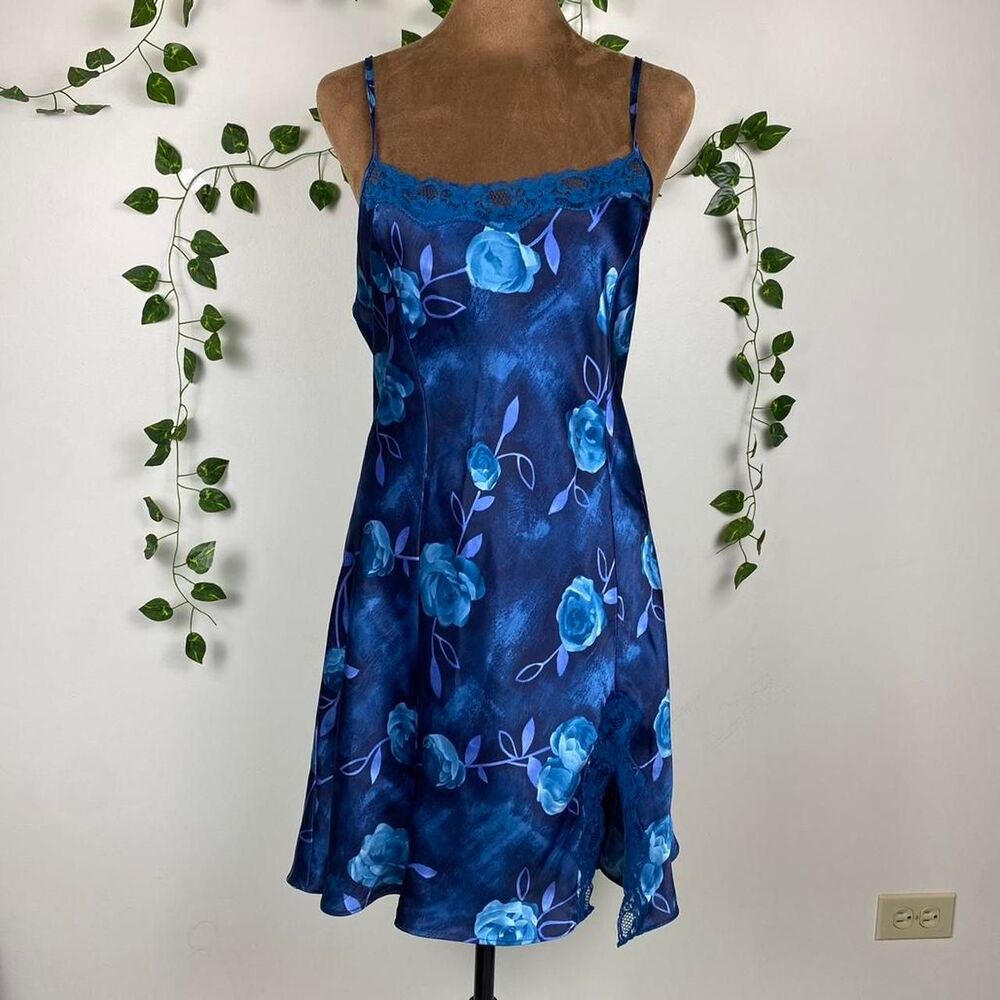 L Blue floral lace trim satin slip mini dress blue roses romantic fairy lounge